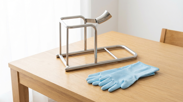 Eine praktische Anziehhilfe aus Metall für Kompressionsstrümpfe steht stabil auf einem sauberen Holztisch. Daneben liegen spezielle medizinische Gummihandschuhe mit Noppenstruktur. Helles, klares Licht, aufgeräumte Szene.