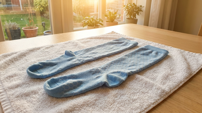 Ein frisch gewaschenes Paar Kompressionsstrümpfe liegt flach und ordentlich auf einem weichen, weißen Handtuch auf einem hellen Tisch, bereit zum schonenden Trocknen an der Luft. Sonniges Fenster im Hintergrund.
