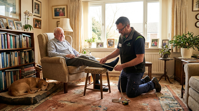Ein Orthopädietechniker kniet auf dem Boden und misst mit einem Maßband sorgfältig das Bein eines älteren Herrn in einem gemütlichen Wohnzimmer an. Sonniges, helles Zimmer.