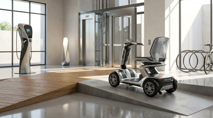 Ein hochmodernes, komfortables Elektromobil parkt sicher in einem sauberen, barrierefreien Hausflur. Glänzende Oberflächen und elegante Bauweise.