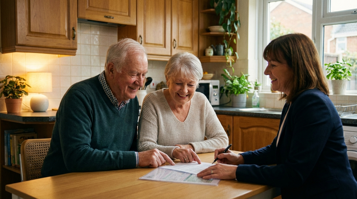 Ein älteres Ehepaar sitzt entspannt am Küchentisch und studiert gemeinsam mit einer zugewandten Pflegeberaterin übersichtliche Unterlagen. Warme Beleuchtung, aufgeräumte Küche, positive Atmosphäre.