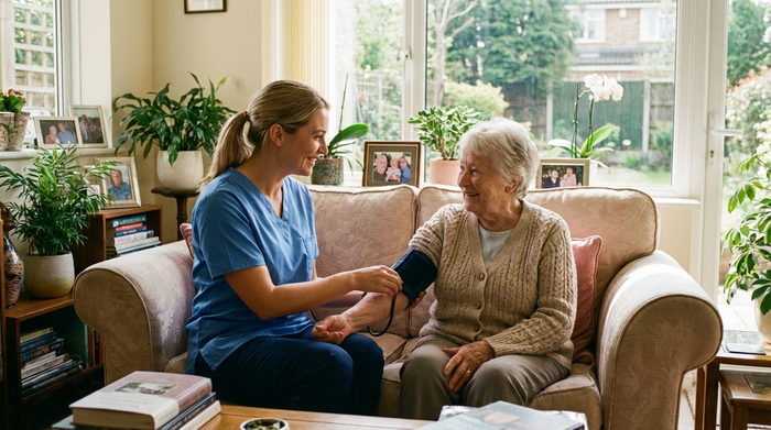 Eine fürsorgliche Pflegekraft misst den Blutdruck einer älteren Dame, die gemütlich auf einem Sofa sitzt. Beide lächeln sich an. Helle, freundliche Wohnumgebung mit Zimmerpflanzen.