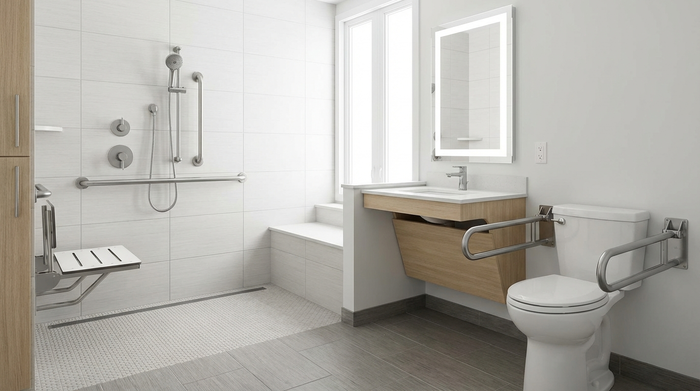 Ein modern renoviertes, barrierefreies Badezimmer mit einer ebenerdigen Dusche, rutschfesten Fliesen und stabilen Haltegriffen an den Wänden. Helles, sauberes und sicheres Design für Senioren.