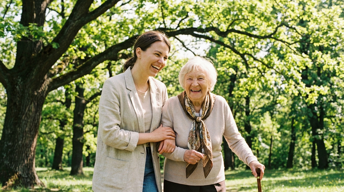 Zwei Frauen, eine jüngere Betreuerin und eine ältere Dame, spazieren Arm in Arm durch einen sonnigen Park mit großen, grünen Bäumen. Sie wirken glücklich und unbeschwert.