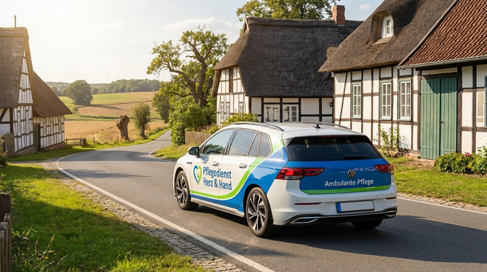 Ein modernes Auto eines Pflegedienstes fährt durch eine idyllische, ländliche Straße in Niedersachsen bei sonnigem Wetter. Fachwerkhäuser im Hintergrund, klare Farben, realistische Straßenszene ohne lesbare Kennzeichen.