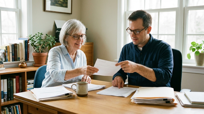 Eine ältere Frau und ihr erwachsener Sohn sitzen an einem aufgeräumten Schreibtisch und sortieren konzentriert Dokumente. Eine Kaffeetasse steht daneben. Helles Tageslicht, entspannte aber fokussierte Stimmung, realistische Szene.