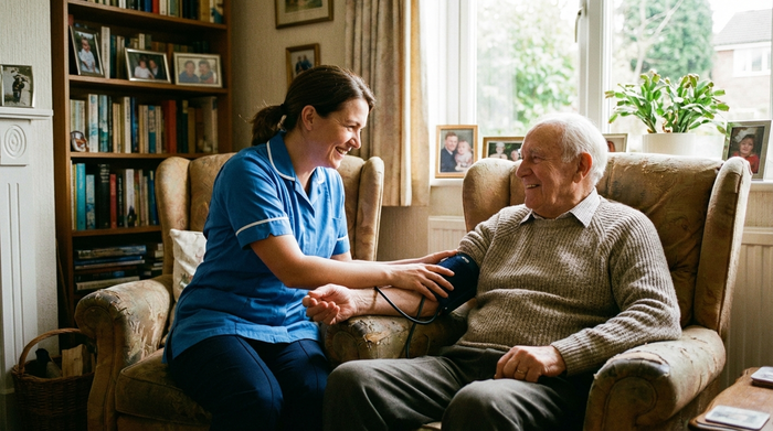Eine professionelle Pflegekraft misst sanft den Blutdruck eines älteren Herrn im Sessel. Beide lächeln sich vertraut an. Warmes Licht, gepflegte Wohnumgebung, Fokus auf Empathie und Bezugspflege.