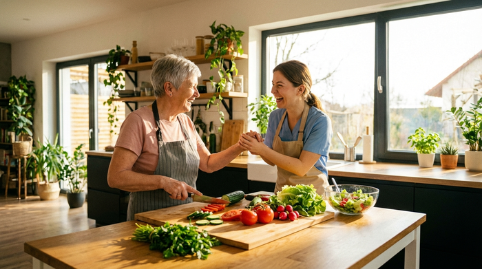 Zwei Frauen, eine ältere und eine jüngere Betreuungskraft, bereiten gemeinsam in einer modernen Küche einen Salat zu. Frisches Gemüse auf dem Brett, fröhliches Lachen, sonnendurchfluteter Raum.
