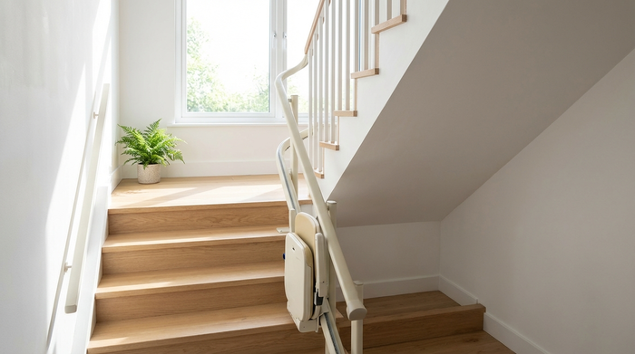 Ein moderner, unauffälliger Treppenlift in einem hellen Treppenhaus eines gepflegten Einfamilienhauses. Holzstufen, weiße Wände, eine kleine Topfpflanze auf dem Podest. Realistische Innenarchitektur.
