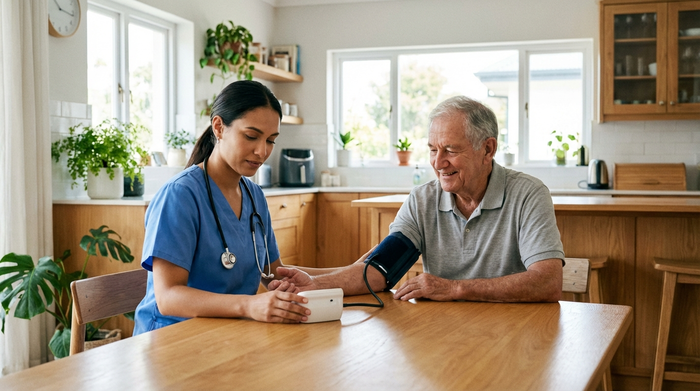 Eine professionelle Pflegekraft in sauberer, blauer Arbeitskleidung misst den Blutdruck eines älteren Herrn an einem Esstisch. Helle Küche im Hintergrund, medizinische Kompetenz ausstrahlend, realistisch und ohne Text.