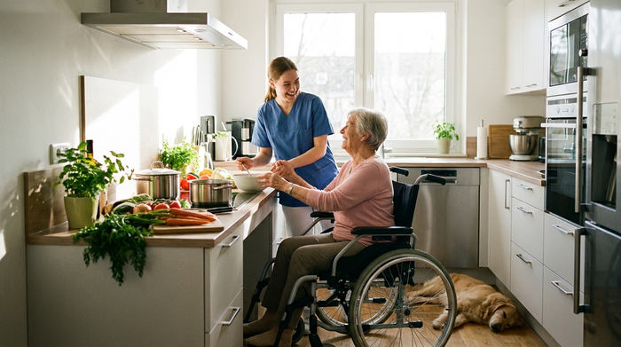 Eine ältere Dame und eine jüngere Betreuerin kochen gemeinsam lachend in einer modernen, barrierefreien Küche. Frisches Gemüse auf der Arbeitsplatte, harmonisches Miteinander, sonnendurchfluteter Raum.