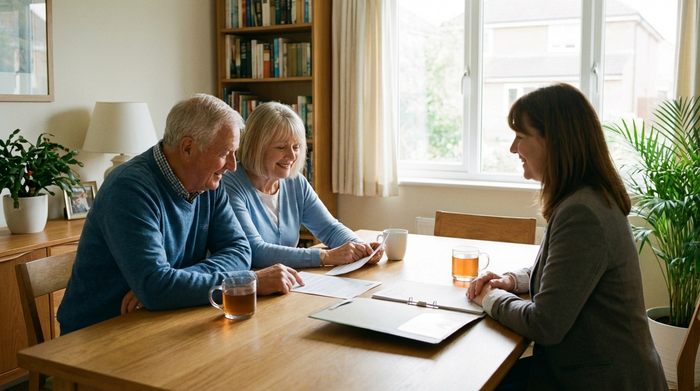 Ein älteres Ehepaar sitzt mit einer Beraterin am Wohnzimmertisch und betrachtet entspannt einige Dokumente. Vertrauensvolle Atmosphäre, aufgeräumtes Umfeld, weiches Tageslicht.