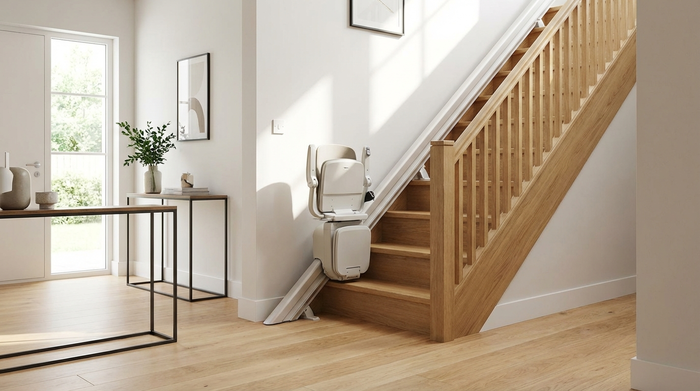 Ein moderner, unauffälliger Treppenlift in einem hellen Einfamilienhaus. Ein gepflegter Flur mit Holztreppe, sichere und saubere Umgebung, keine Personen im Bild.