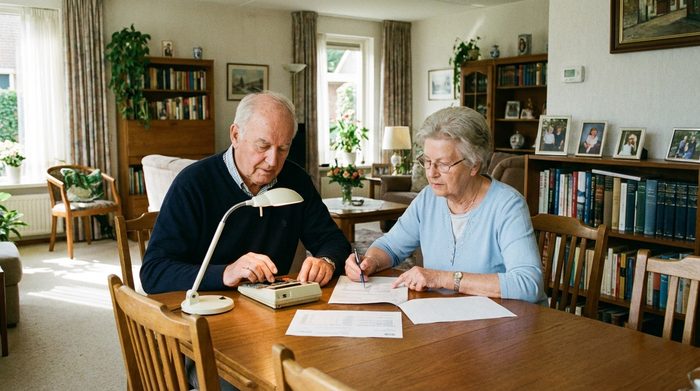 Ein älteres Ehepaar sitzt am Esstisch und bespricht konzentriert Dokumente und einen Taschenrechner. Helles Wohnzimmer, realistische Szene, ernste aber ruhige Stimmung.