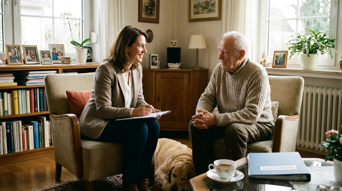 Eine professionelle Gutachterin sitzt mit einem älteren Herrn im Wohnzimmer. Sie führt ein freundliches Gespräch und macht sich Notizen auf einem Klemmbrett. Warme, vertrauensvolle Atmosphäre.