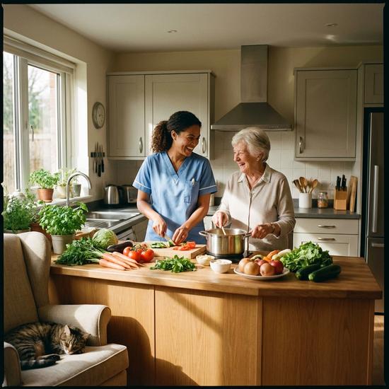 Eine herzliche Pflegekraft kocht gemeinsam mit einer lächelnden Seniorin in einer gemütlichen, barrierefreien Küche. Frisches Gemüse liegt auf der Arbeitsplatte.