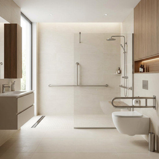 Ein modernes, helles Badezimmer mit einer bodengleichen, begehbaren Dusche und stabilen Haltegriffen. Schlichtes, elegantes Design, sicher und altersgerecht.
