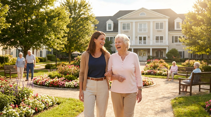 Eine erwachsene Tochter spaziert Arm in Arm mit ihrer Mutter durch einen sonnigen, gepflegten Park einer Seniorenresidenz. Beide lächeln glücklich und entspannt.