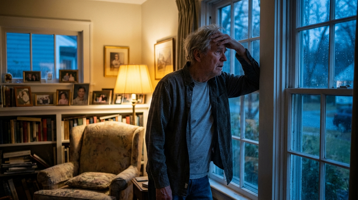 Ein älterer Herr mit grauem Haar blickt leicht verwirrt aus dem Fenster eines Einfamilienhauses in die Dämmerung. Die Szene fängt das Gefühl der Desorientierung in den eigenen vier Wänden ein. Weiches, leicht gedimmtes Licht, realistische Umgebung.