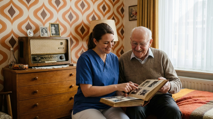 Eine professionelle Pflegekraft und ein älterer Mann betrachten gemeinsam ein altes Fotoalbum. Der Mann lächelt glücklich und entspannt. Gemütliche Milieutherapie-Umgebung mit Retro-Tapete und einem nostalgischen Radio auf einer Holzkommode im Hintergrund.