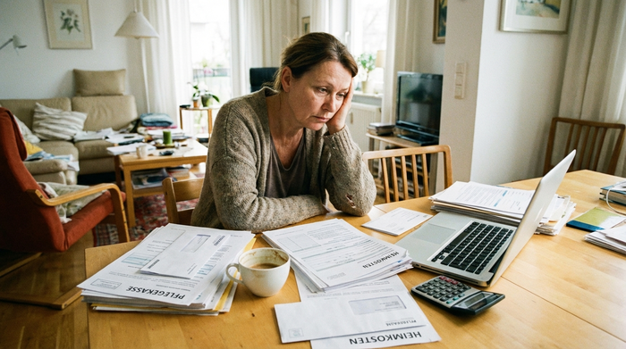 Eine nachdenkliche Frau mittleren Alters sitzt an einem hellen Holztisch und ordnet verschiedene Dokumente. Eine Tasse Kaffee steht daneben. Helle, realistische Wohnumgebung, die die organisatorische Herausforderung der Pflegefinanzierung authentisch darstellt.