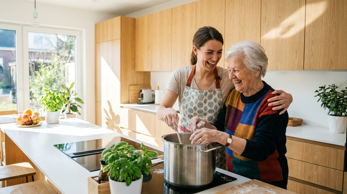 Eine freundliche Betreuungskraft kocht gemeinsam mit einer fröhlichen Seniorin in einer sauberen, modernen Küche. Beide lachen und haben sichtlich Freude an der gemeinsamen Aktivität. Helle, positive und lebensbejahende Stimmung.