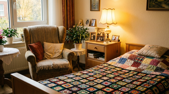 Ein liebevoll eingerichtetes Zimmer in einem Pflegeheim. Ein gemütlicher Ohrensessel, eine handgehäkelte Tagesdecke auf dem Bett und gerahmte Familienfotos auf dem hölzernen Nachttisch. Warmes, einladendes Licht sorgt für eine beruhigende Atmosphäre.