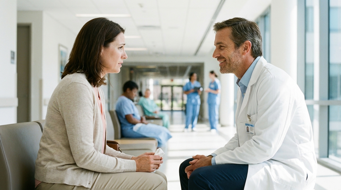Ein freundlicher Arzt in einem weißen Kittel bespricht sich ruhig mit einer besorgten Angehörigen im hellen Flur eines modernen Krankenhauses. Im Hintergrund eine unscharfe, saubere Klinikstruktur. Realistisch und vertrauensvoll.