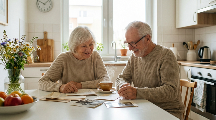 Ein älteres Ehepaar sitzt gemeinsam an einem aufgeräumten Küchentisch und betrachtet entspannt einige Dokumente. Eine dampfende Tasse Tee steht daneben. Helle Küche, sanftes Tageslicht, realistische Fotografie.
