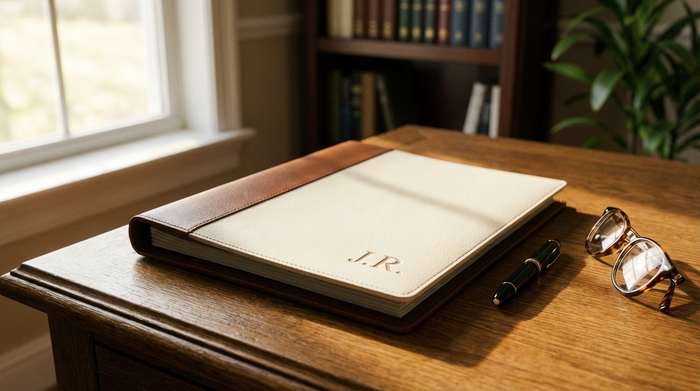 Eine ordentliche, gut strukturierte Bewerbungsmappe liegt auf einem eleganten Holzschreibtisch, daneben ein edler Kugelschreiber und eine Lesebrille. Warmes Tageslicht fällt von der Seite ein, professionelle Atmosphäre.