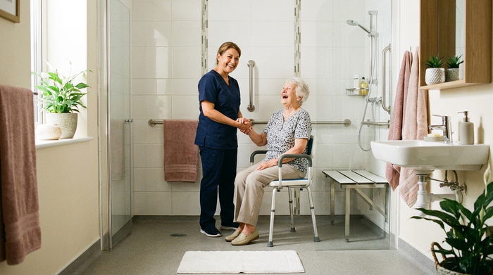 Eine freundliche Pflegekraft lacht gemeinsam mit einer älteren Dame in einem gemütlichen, barrierefreien Badezimmer mit einer modernen, ebenerdigen Dusche. Helle Fliesen, sauberes und sicheres Umfeld.