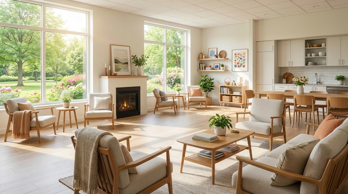 Ein heller, freundlicher Aufenthaltsraum in einem modernen Seniorenheim. Bequeme Sessel, große Fenster mit Blick auf einen grünen Park im Sommer. Gemütliche, einladende Atmosphäre ohne Personen.