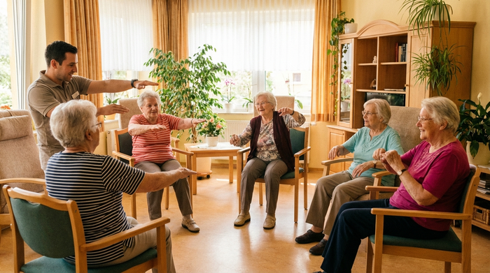 Eine Gruppe von Senioren macht gemeinsam leichte Gymnastik im Sitzen in einem hellen, freundlichen Raum einer Tagespflege. Ein motivierter Betreuer macht die Übungen vor. Warme Farben, realistische Szene, keine Schriftzüge.