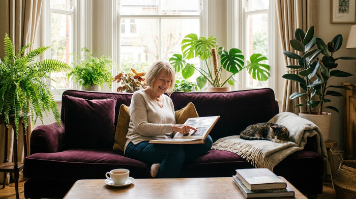 Eine ältere Frau sitzt entspannt auf einem bequemen Sofa und betrachtet lächelnd ein Fotoalbum. Ein gemütliches, wohnliches Ambiente mit Zimmerpflanzen und weichem Tageslicht. Hochwertige, realistische Fotografie ohne Text.