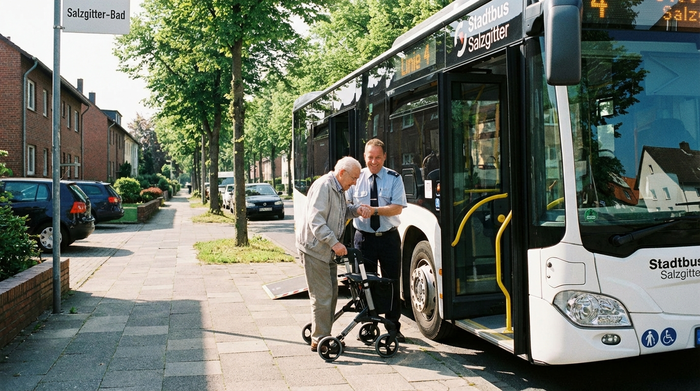 Ein freundlicher Fahrer hilft einem älteren Herrn mit Rollator beim Einstieg in einen modernen, weißen Kleinbus. Eine gepflegte Wohnstraße an einem sonnigen Vormittag in Salzgitter. Klare, realistische Darstellung.
