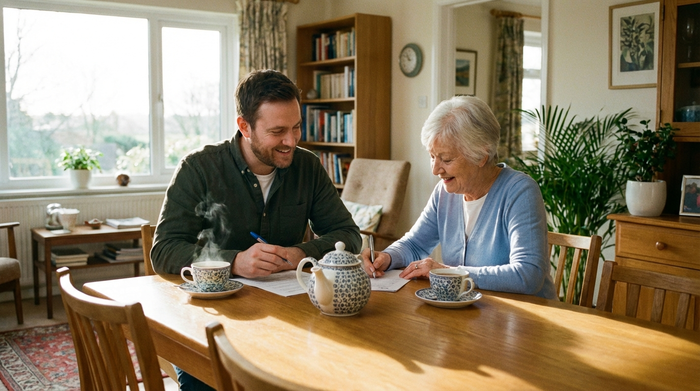 Ein erwachsener Sohn und seine ältere Mutter sitzen gemeinsam am Esstisch und füllen entspannt Dokumente aus. Eine Tasse Tee steht auf dem Tisch. Freundliche, unterstützende Atmosphäre, helles Wohnzimmer.