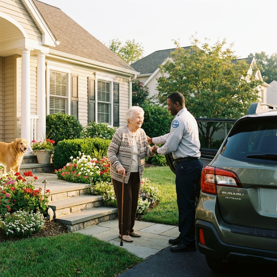 Eine lächelnde Seniorin mit Gehstock wird von einem freundlichen Fahrer an ihrer Haustür begrüßt. Helles Morgenlicht, gepflegte Vorstadt, realistische und warme Szene.