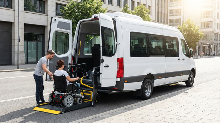 Ein moderner, weißer Kleinbus mit geöffneten Hecktüren und einer ausgefahrenen, stabilen Hebebühne für Rollstühle. Saubere Straße, helle Beleuchtung, fotorealistische Darstellung ohne Beschriftungen.