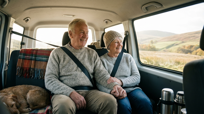 Zwei glückliche ältere Menschen sitzen angeschnallt und entspannt im hellen Innenraum eines Kleinbusses und schauen aus dem Fenster. Weiches Licht, gemütliche Atmosphäre, fotorealistisch.
