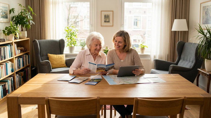 Eine ältere Dame und ihre Tochter sitzen gemeinsam an einem modernen Holztisch und schauen sich lächelnd Informationsmaterialien an. Gemütliches Wohnzimmer, sonniges Tageslicht, vertrauensvolle Stimmung.