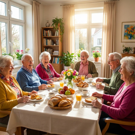 Senioren sitzen gemeinsam an einem liebevoll gedeckten Frühstückstisch in einer sonnigen Einrichtung und lachen fröhlich miteinander.