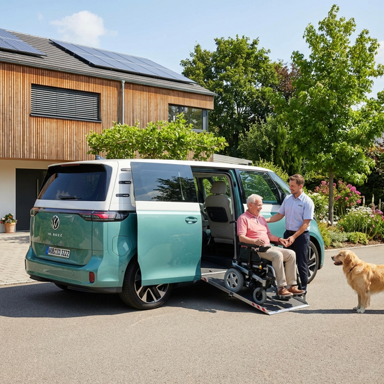 Ein moderner Kleinbus mit ausgefahrener Rampe steht vor einem gepflegten Einfamilienhaus im Grünen, ein freundlicher Fahrer hilft einem Senior.