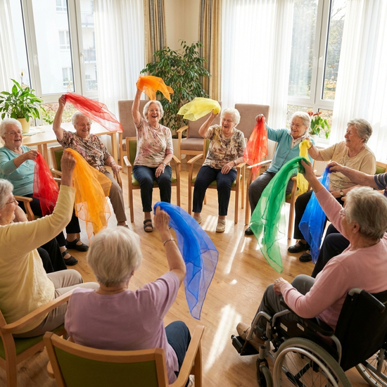 Eine Gruppe älterer Menschen sitzt im Kreis in einem hellen Raum und macht leichte Gymnastikübungen mit bunten Tüchern.
