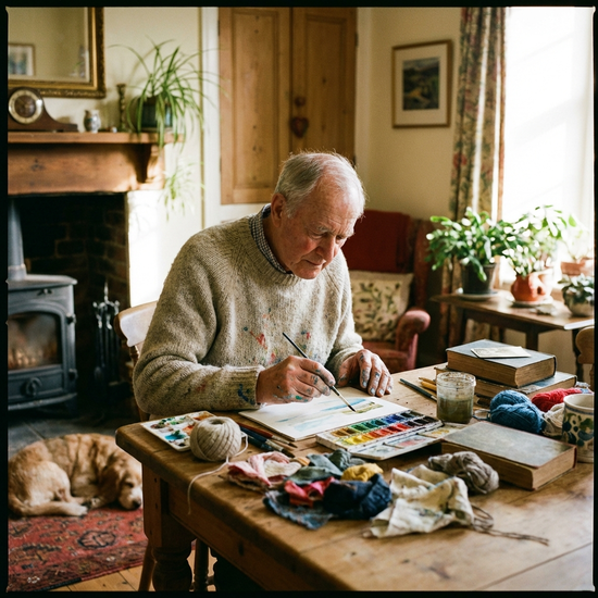 Ein Senior malt konzentriert mit Wasserfarben an einem Tisch, umgeben von verschiedenen Bastelmaterialien in einer gemütlichen Umgebung.
