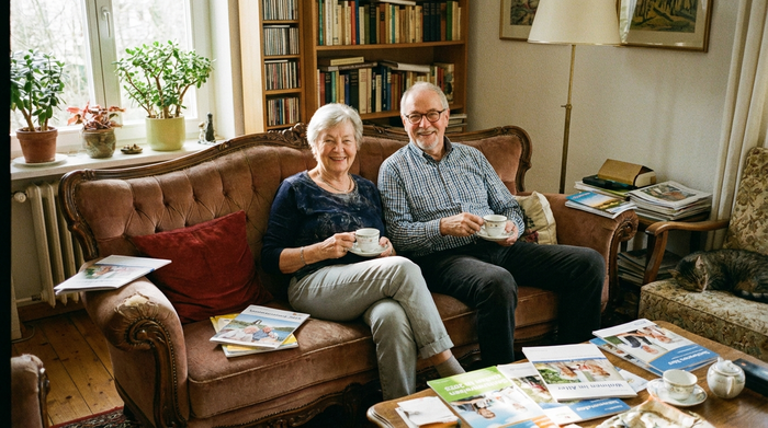 Ein älteres Ehepaar sitzt entspannt auf einem Sofa im heimischen Wohnzimmer und studiert lächelnd Informationsbroschüren bei einer Tasse Tee.
