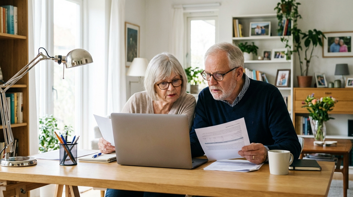 Ein älteres Ehepaar sitzt gemeinsam am Laptop im heimischen Wohnzimmer und bespricht konzentriert Dokumente. Helle Beleuchtung, aufgeräumter Schreibtisch, realistische Darstellung.