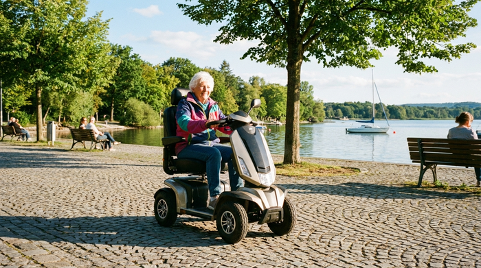 Eine rüstige Seniorin fährt mit einem modernen Elektromobil sicher über einen gepflasterten Weg an einem sonnigen Seeufer. Grüne Bäume, blauer Himmel, entspannte Stimmung.