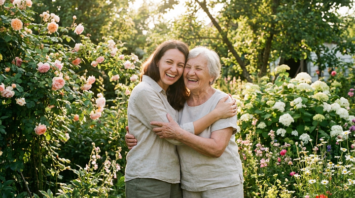 Eine erwachsene Tochter umarmt ihre ältere Mutter liebevoll im Garten. Beide lachen herzlich. Sonniges Wetter, blühende Pflanzen im Hintergrund, emotionale und warme Szene.