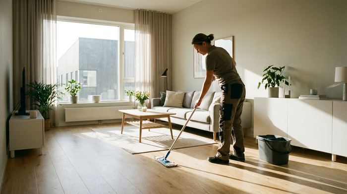 Eine ordentliche, fokussierte Reinigungskraft wischt den hellen Holzboden in einem aufgeräumten, modernen Wohnzimmer. Sonnenlicht fällt durch das Fenster. Saubere Umgebung, realistische Szene ohne Text.