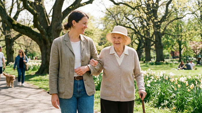 Eine hilfsbereite Alltagsbegleiterin stützt eine ältere Dame liebevoll beim gemeinsamen Spaziergang in einem grünen, sonnigen Park. Beide lächeln entspannt. Realistische, herzerwärmende Szene im Freien.